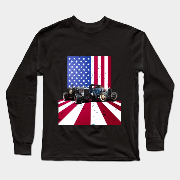 Vintage Model A Hot Rods in front of American Flag Long Sleeve T-Shirt by LensesAndWheels